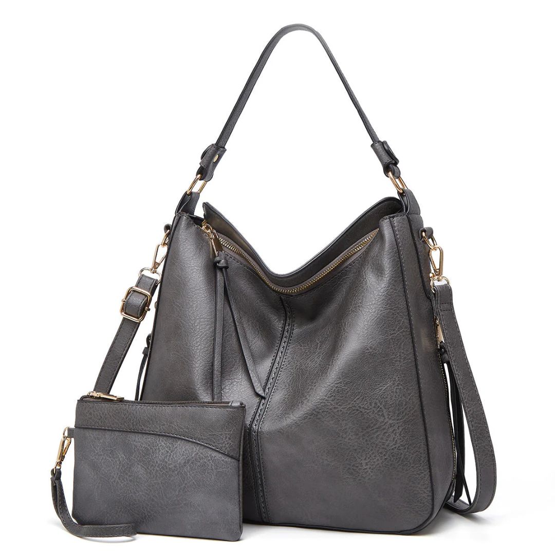 Elegant leather bag set with large capacity and side pockets